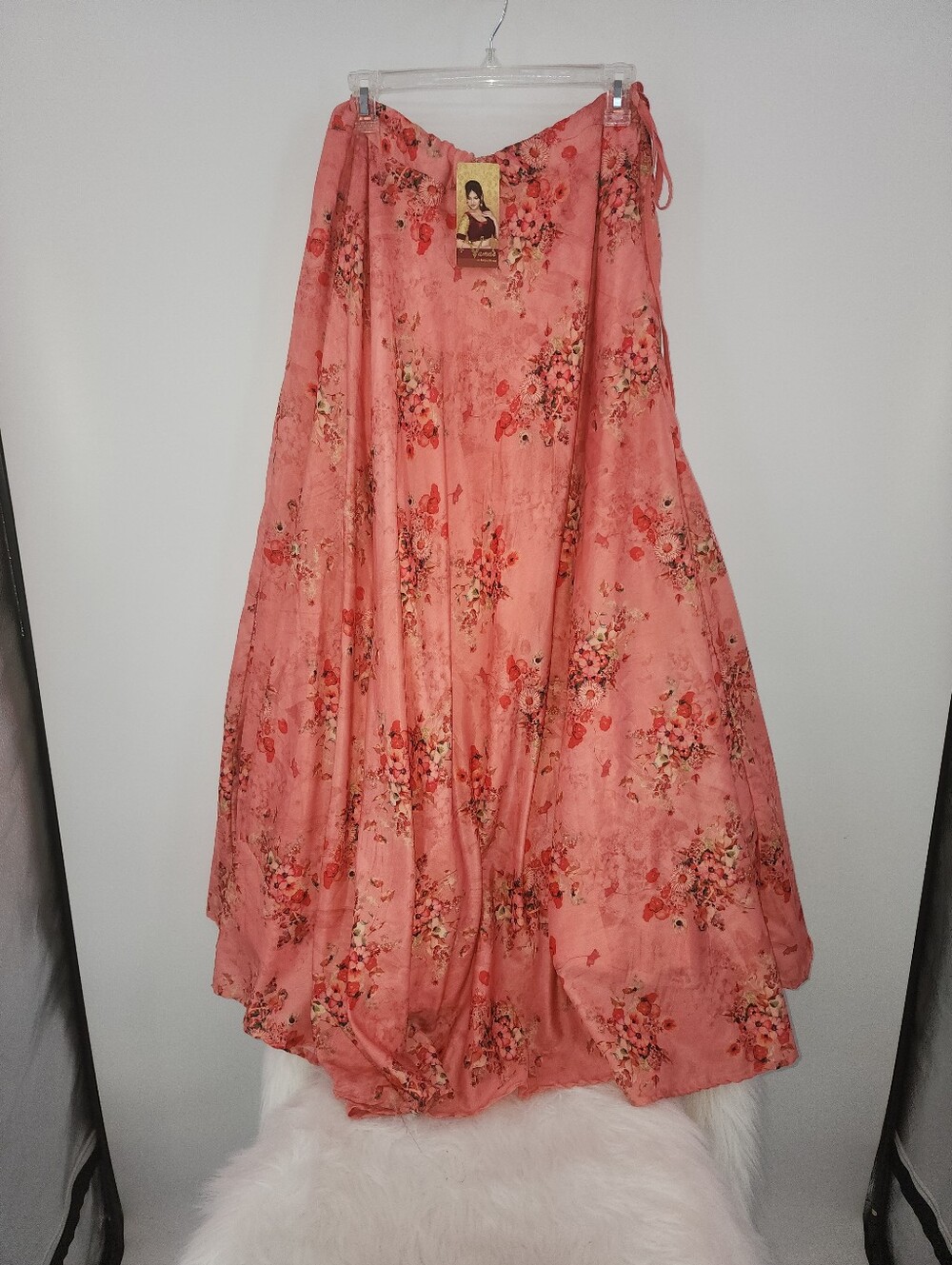 Vama's Floral Coral Circle Skirt, Size Large